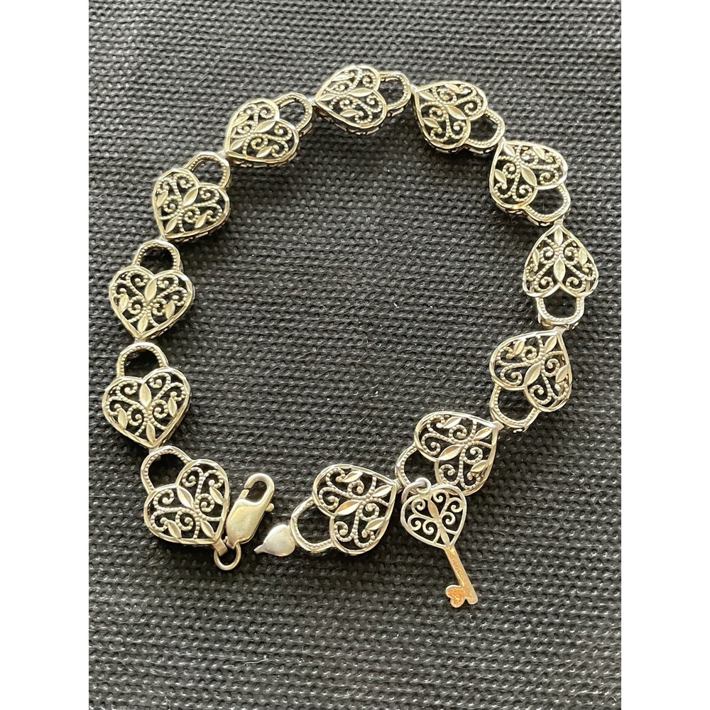 Vintage 925 sterling silver link bracelet intricate heart-shaped links Key Charm